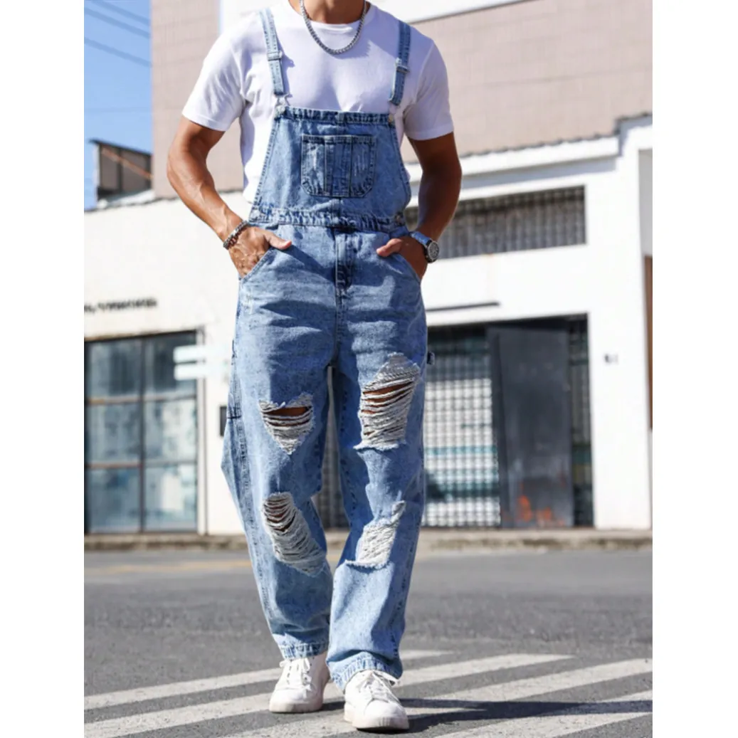Men High Street Distressed Denim Overalls Cotton Straight Leg Ripped Jeans Jumpsuit With Adjustable Straps Blue Dungarees