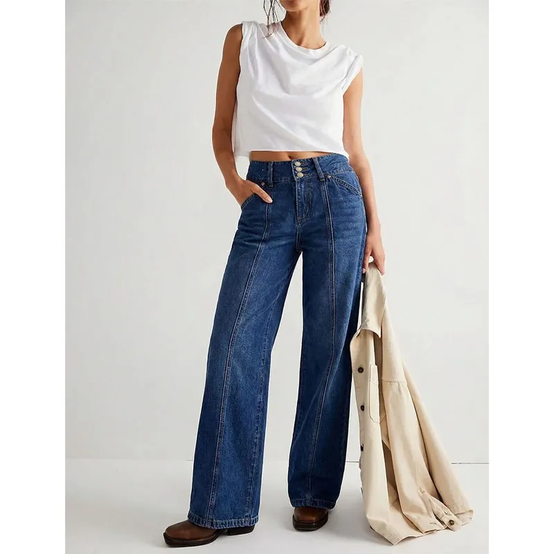 Women High Waist Patchwork Jeans American Retro Wide Leg Denim Pants Dark Blue Streetwear Casual Loose Straight Trousers