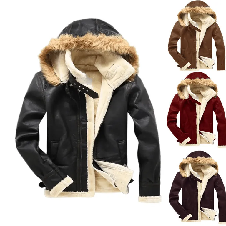 Men Winter Suede Faux Fur Jacket Hooded Thickened Warm Outerwear Casual Fashion Mid-length Zip Up Coat For Cold Weather