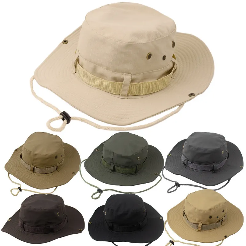 Sombrero Boonie al Aire Libre para Hombre Ala Ancha Protección Solar Sombrero de Pescador Cortavientos Pesca Senderismo Gorra Táctica