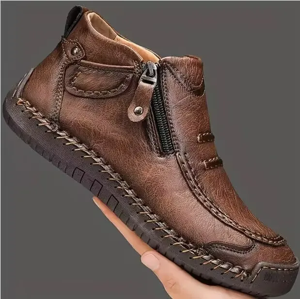 Botas Chelsea de Hombre Caña Alta Zapatos Casuales de Cuero PU para Exterior con Cremallera Lateral Pespuntes Hechos a Mano