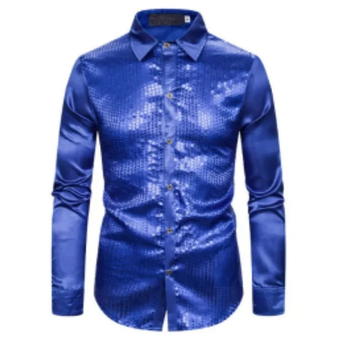 Camisa de Manga Larga con Patchwork de Lentejuelas Metálicas para Hombre Brillante Disco Party Ropa de Escenario Top Moda Punk Solapa