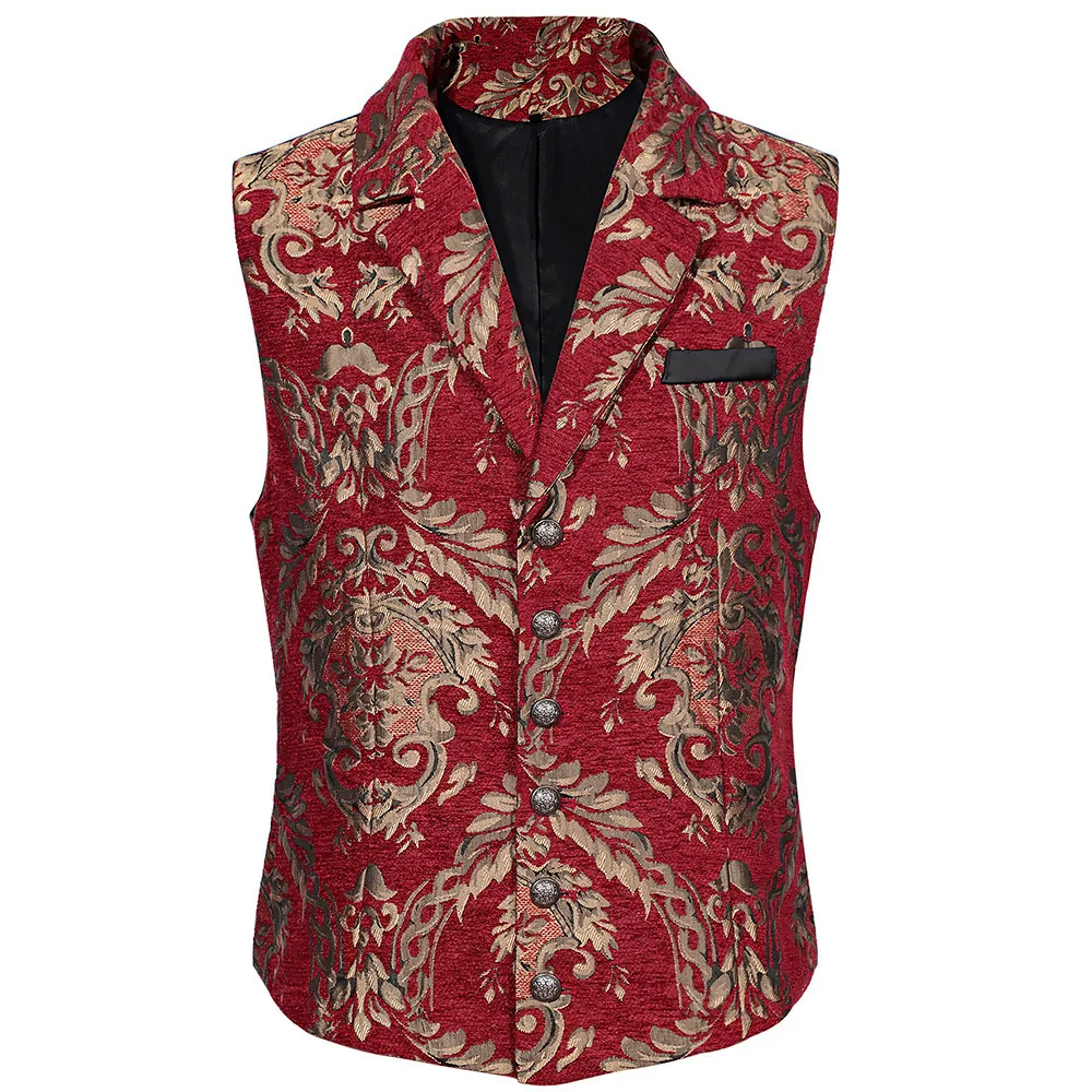 Men Vintage Jacquard Suit Vest Slim Fit Baroque Floral Damask Single Breasted Sleeveless Waistcoat Party Banquet Formal Top