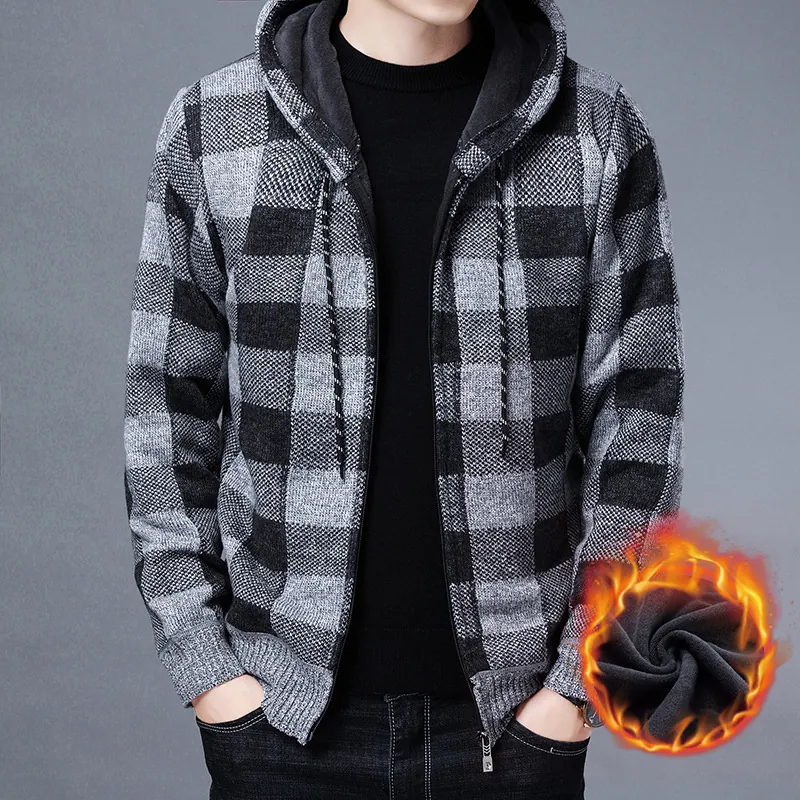 Gilet en Tricot à Carreaux pour Hommes avec Capuche Doublé Polaire Veste Épaisse Hiver Chaud Vêtement d'Extérieur Polyester Top Décontracté