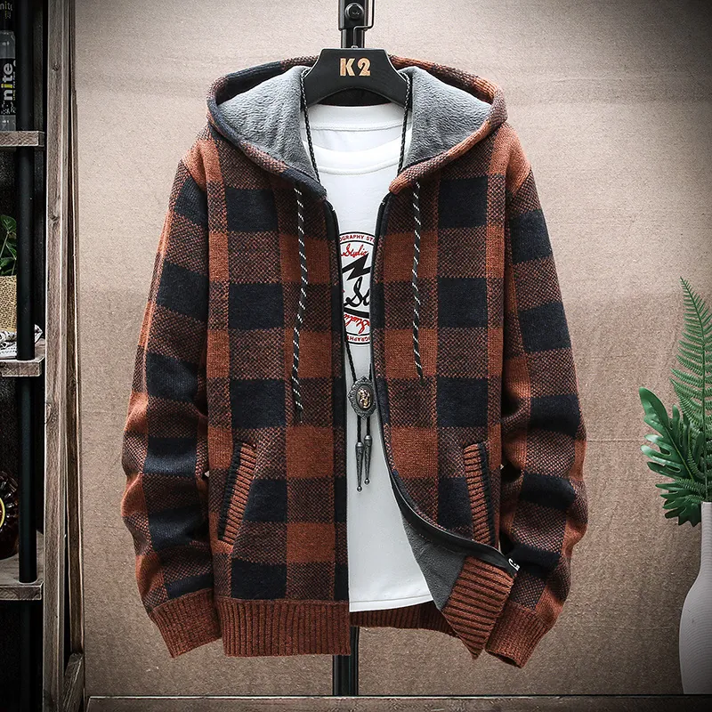 Men Plaid Knit Cardigan Hoodie Thick Fleece Lined Zipper Jacket Rabbit Hair Blend Casual Autumn Winter Warm Top