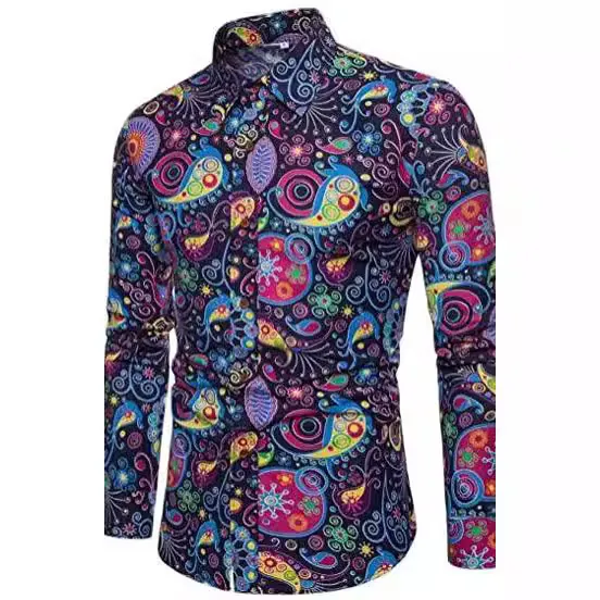 Men's Ethnic Paisley Print Long Sleeve Button Down Shirt Floral Pattern Slim Fit Casual Fashion Trendy Nightclub Top