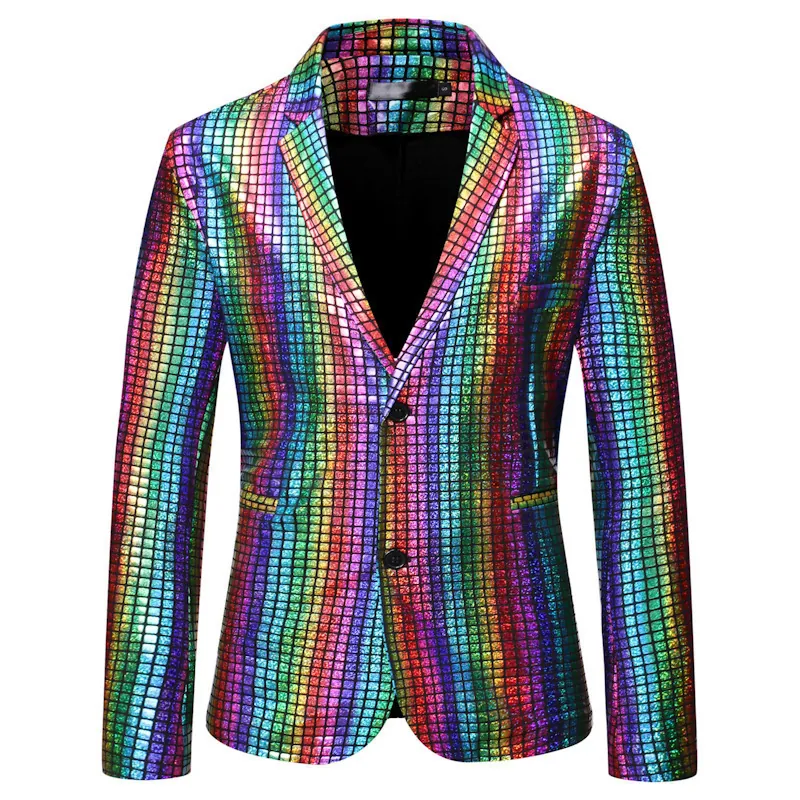 Men's Shiny Sequin Bronzing Blazer Jacket Notch Lapel Slim Fit Rainbow Gold Silver Stage Performance Party Nightclub Suit Top