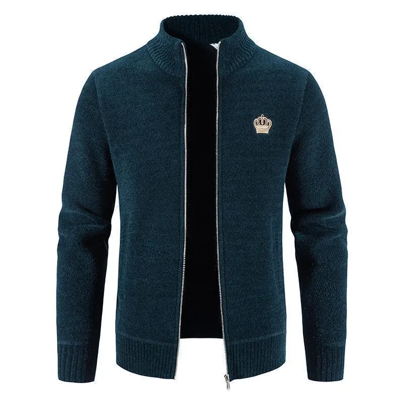 Men's Knitted Cardigan Jacket Fleece Lined Stand Collar Full Zip Embroidered Crown Autumn Winter Outerwear Cotton Blend Sweater Coat