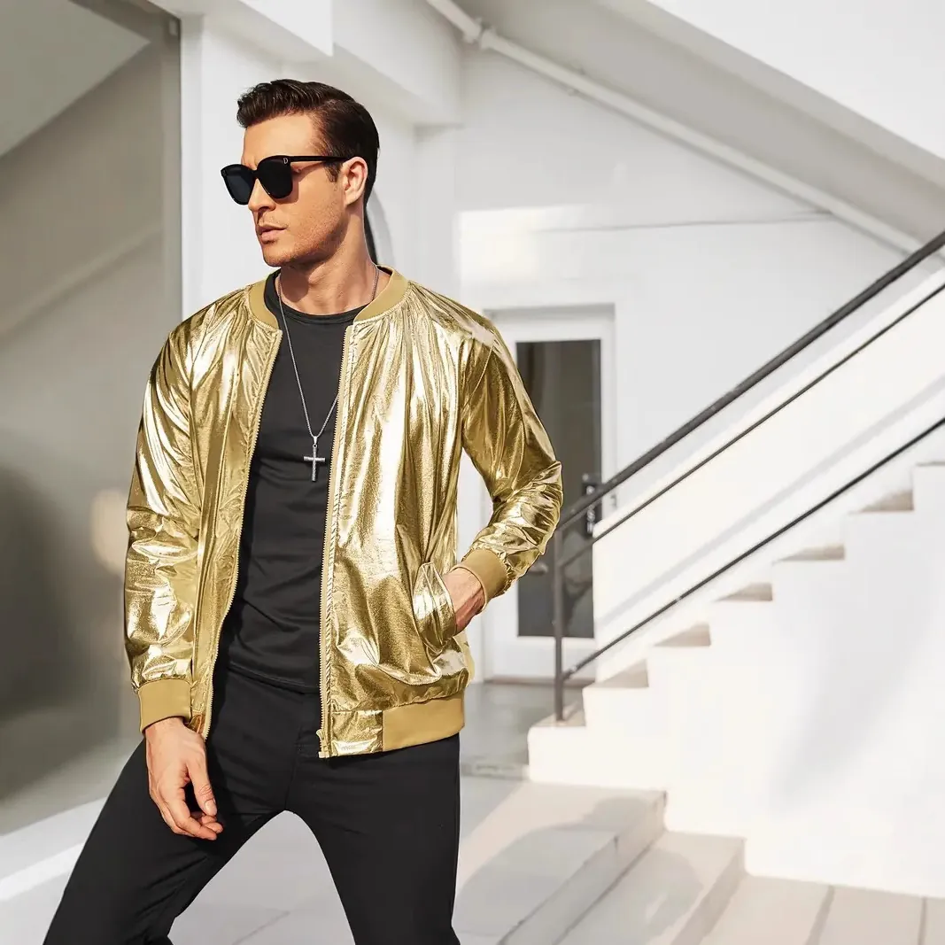 Chaqueta Metálica Brillante Hombre Retro Disco Fiesta Años 70 Bomber Poliéster Cremallera Cuello Alzado Ribete Acanalado