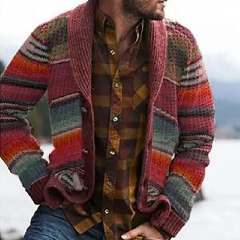 Men's Vintage Striped Knit Cardigan Shawl Collar Long Sleeve Button Up Printed Casual Sweater Jacket Polyester Top