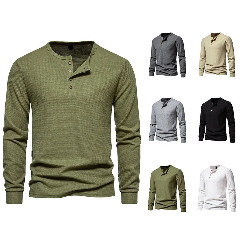 Men Long Sleeve Henley T-Shirt Waffle Knit 4 Button Casual Slim Fit Top Breathable Linen Silk Fabric Basic Tee B112