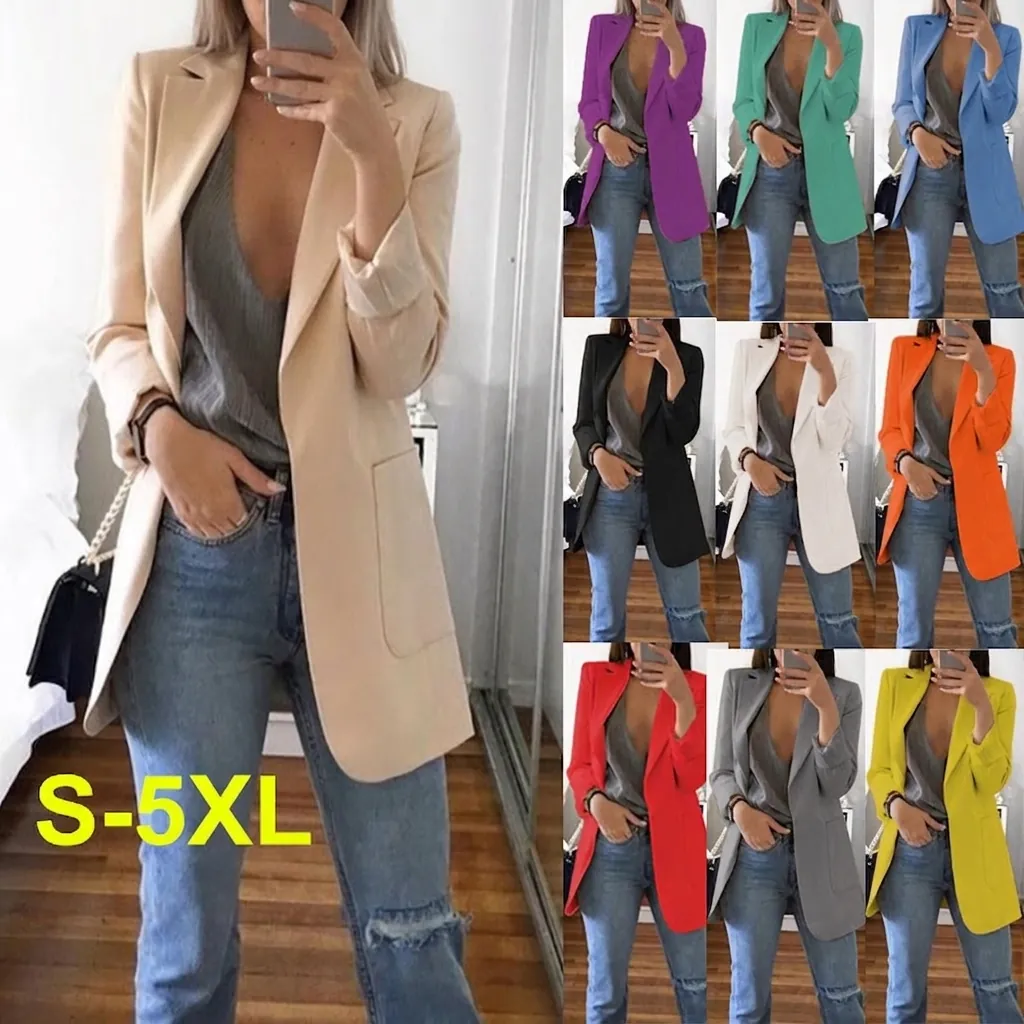 Dames Slim Fit Blazer Jas Inkeping Revers Open Voorkant Effen Kleur Lange Mouwen Lichtgewicht Polyester Kantoor Top