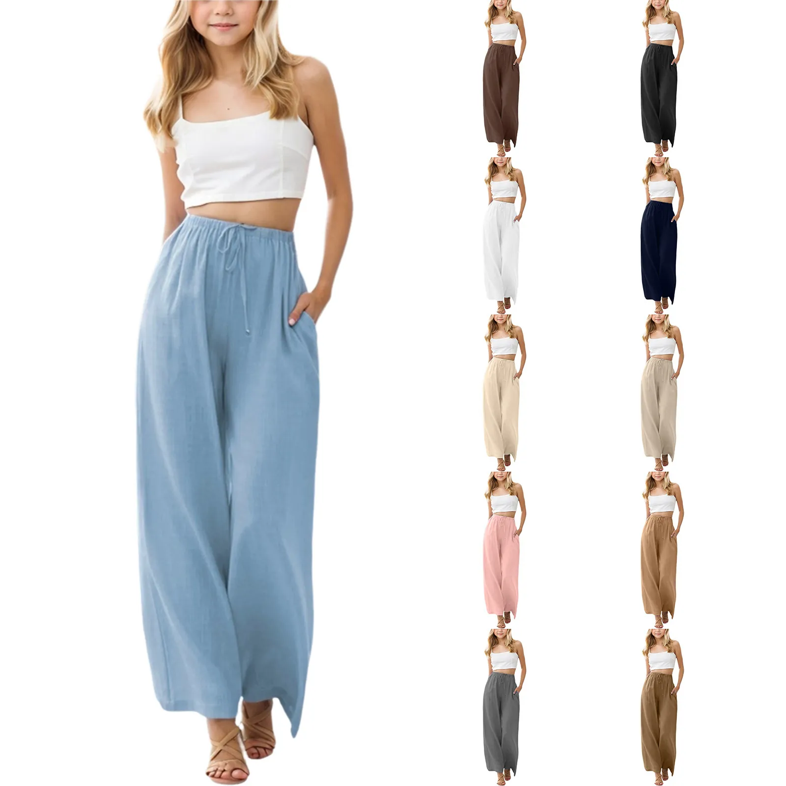 Girls Wide Leg Pants Polyester Linen Blend Drawstring Pockets Casual Western Style Loose Straight Trousers For Kids