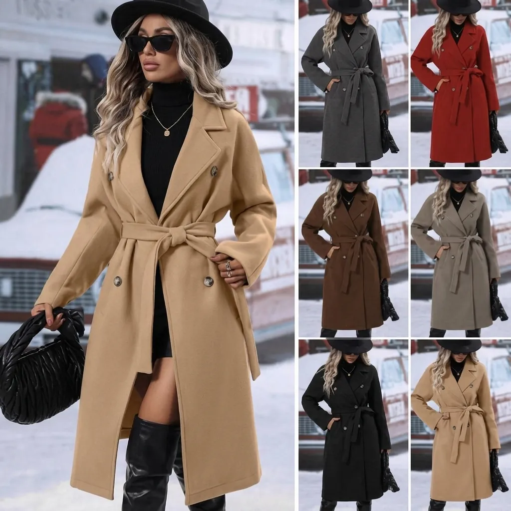 Women European Double Breasted Woolen Coat Polyester Wool Blend Notch Lapel Belted Mid Length Warm Winter Overcoat Jacket