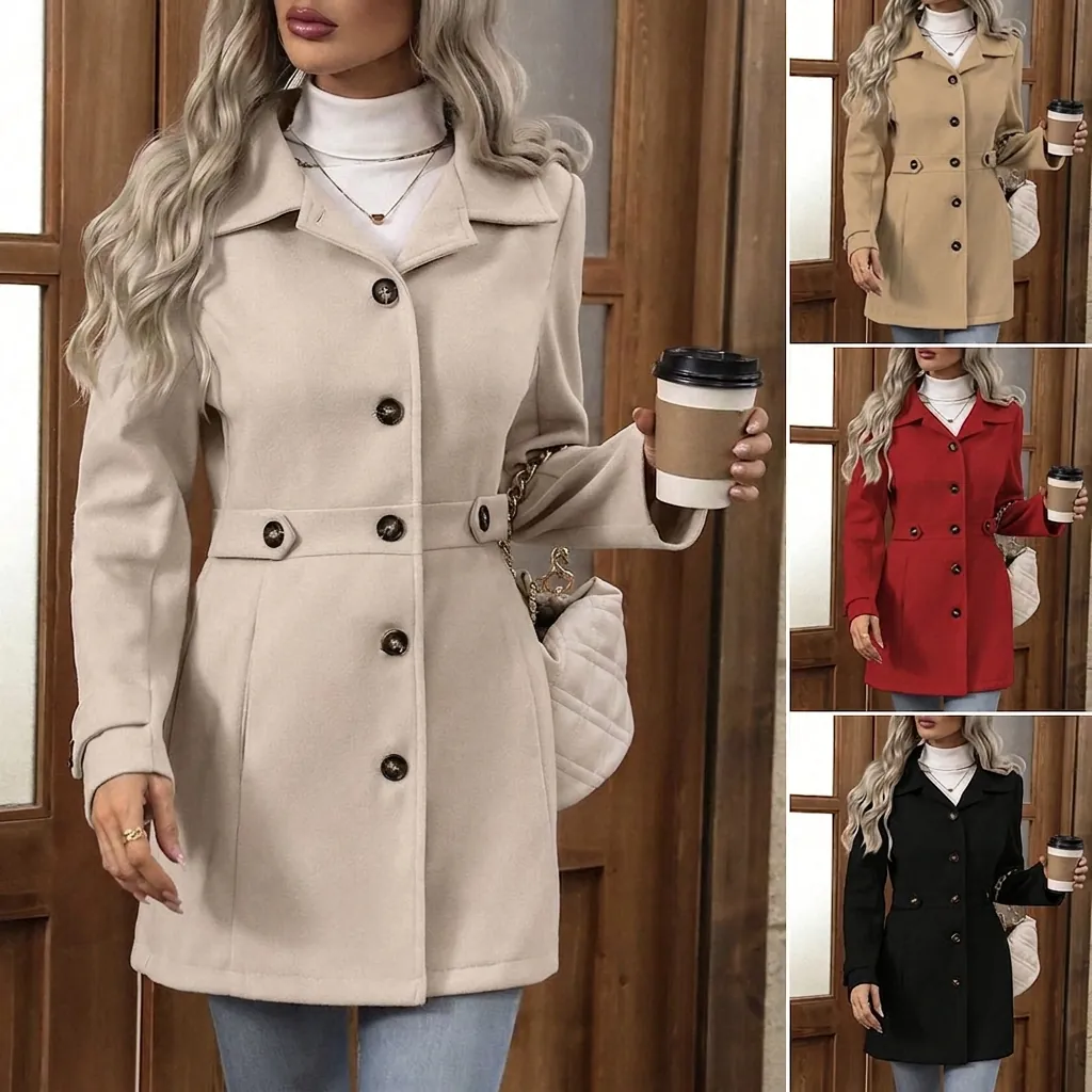 Women Slim Fit Wool Blend Coat Lapel Single Breasted Long Sleeve Woolen Jacket Winter Warm Outerwear Office Lady Trench Coat