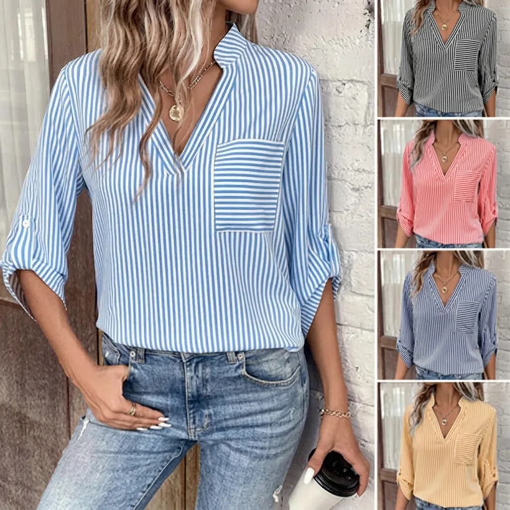 Chemise Femme Décontractée Rayée Imprimée Col en V Manche Longue Pull-over Top Blouse Ample Confortable Avec Poche Mode Printemps