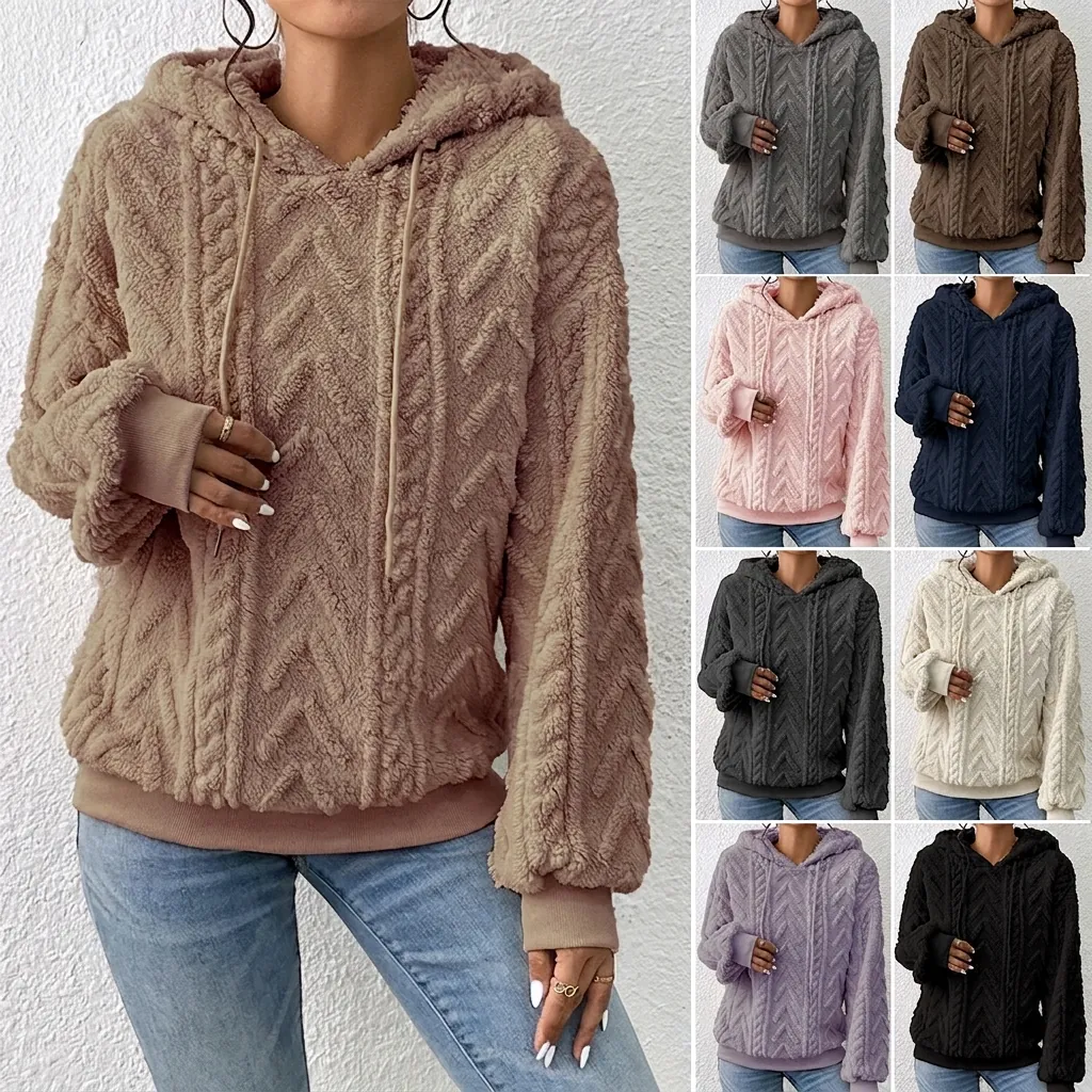 Sudadera con Capucha de Franela Holgada para Mujer con Textura 3D de Punto de Torsión Chaqueta de Felpa Gruesa Casual Manga Larga