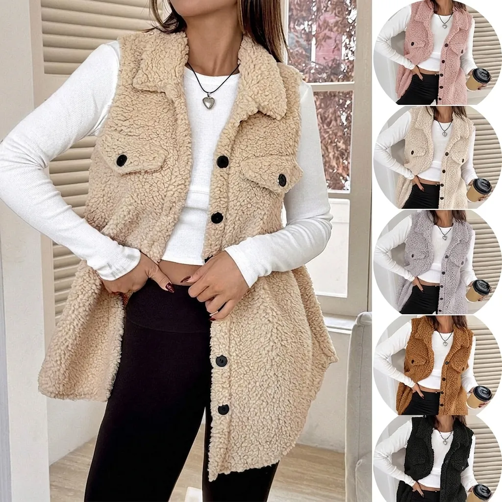 Women Casual Faux Sherpa Wool Blend Vest Jacket Lapel Button Down Sleeveless Outwear Loose Fit Winter Warm Waistcoat Top