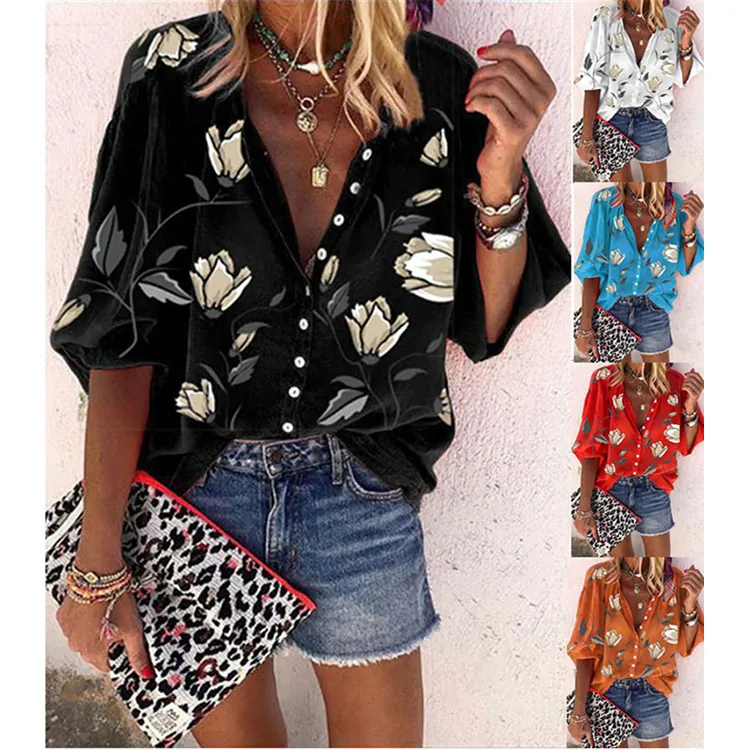Blouse en Polyester pour Femmes Imprimé Floral Col en V Boutonné Manches Lanterne 3/4 Ample Décontracté Boho Tunique Automne