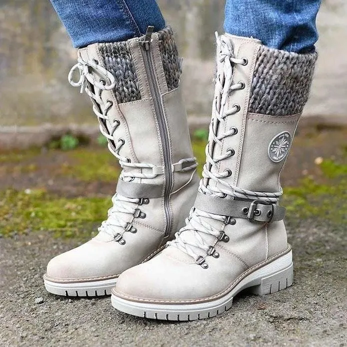 Women's Retro PU Leather Martin Boots With Knitted Cuff Lace-up Side Zipper Block Heel Mid-Calf Winter Boots