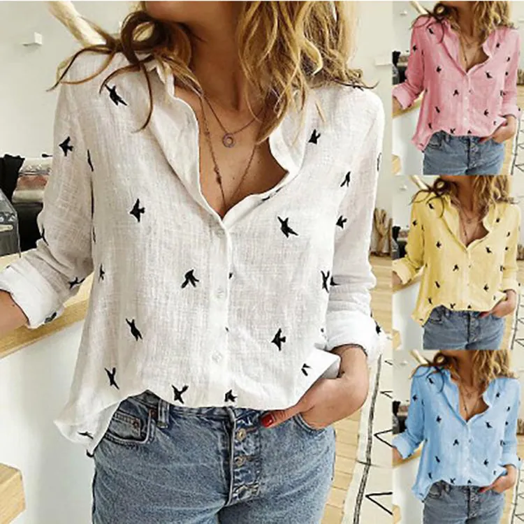 Blusa Casual de Algodón y Poliéster de Manga Larga para Mujer Estampado de Golondrinas con Solapa y Botones Camisa Suelta