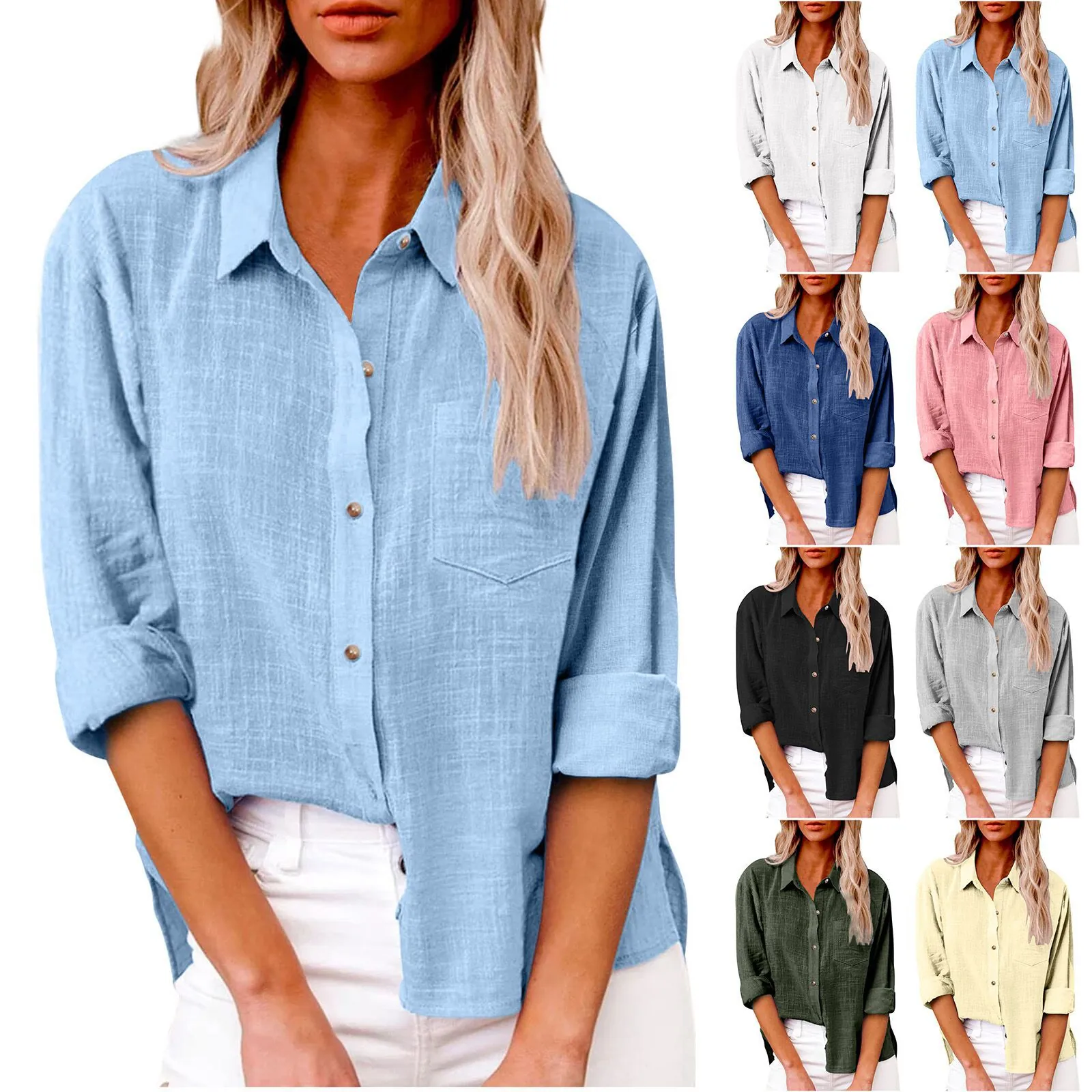 Dames Katoenen Blouse Lange Mouw Button Down Shirt Met Zak Casual Losse Zijsplit Effen Kleur Herfst Mode Top