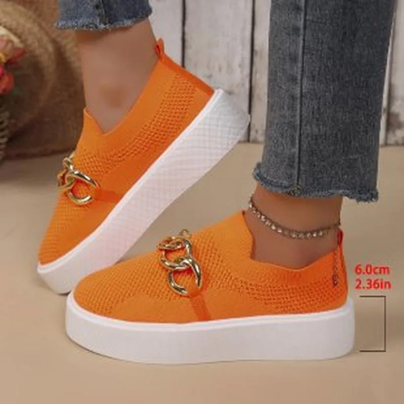 Damen Plateauschuhe Slip-on Fly-knit Atmungsaktive Mesh Casual Loafer Mit Metallkettendekoration Mode Dicke Sohle Wandersneaker