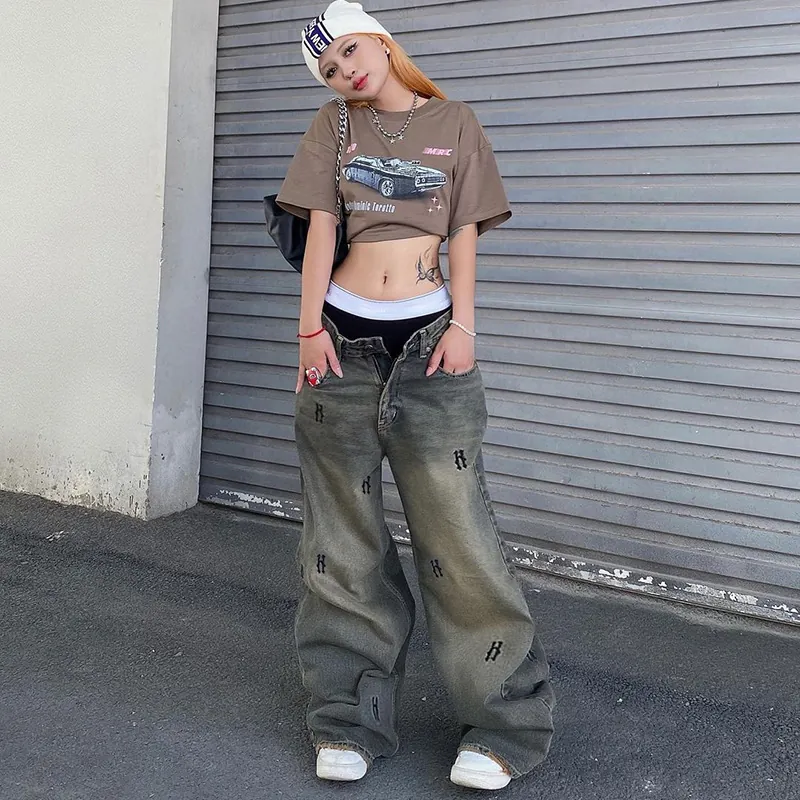 Jeans in Denim Usurato Vintage Americano da Donna Stampa Lettere Gotiche Gamba Larga Streetwear Vita Bassa Larghi