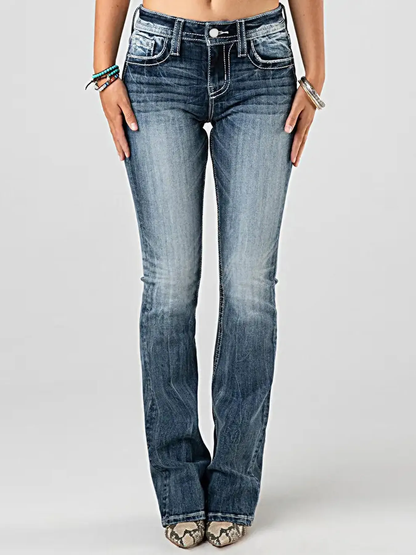 Women High Waist Flare Jeans Stretchy Denim Pants Heavy Wash Embroidered Wing Pocket Western Style Bootcut Trousers
