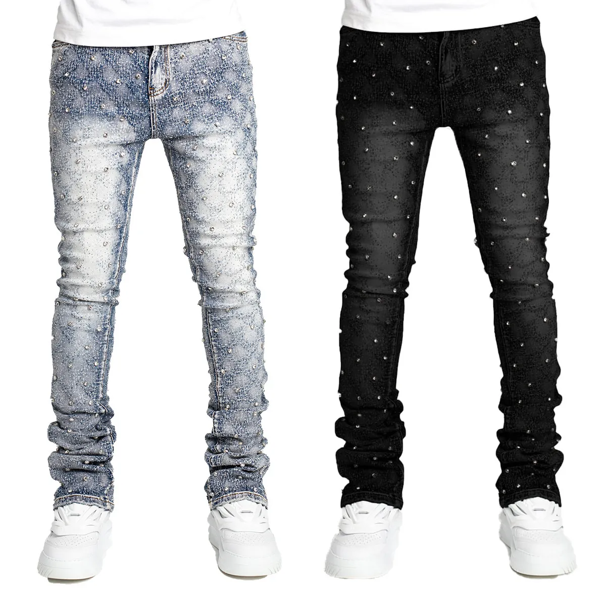 Men's Fashion Stacked Jeans Personality Slim Fit Washed Denim Pants With Artificial Pearl Embellishment Streetwear Hip Hop Jeans