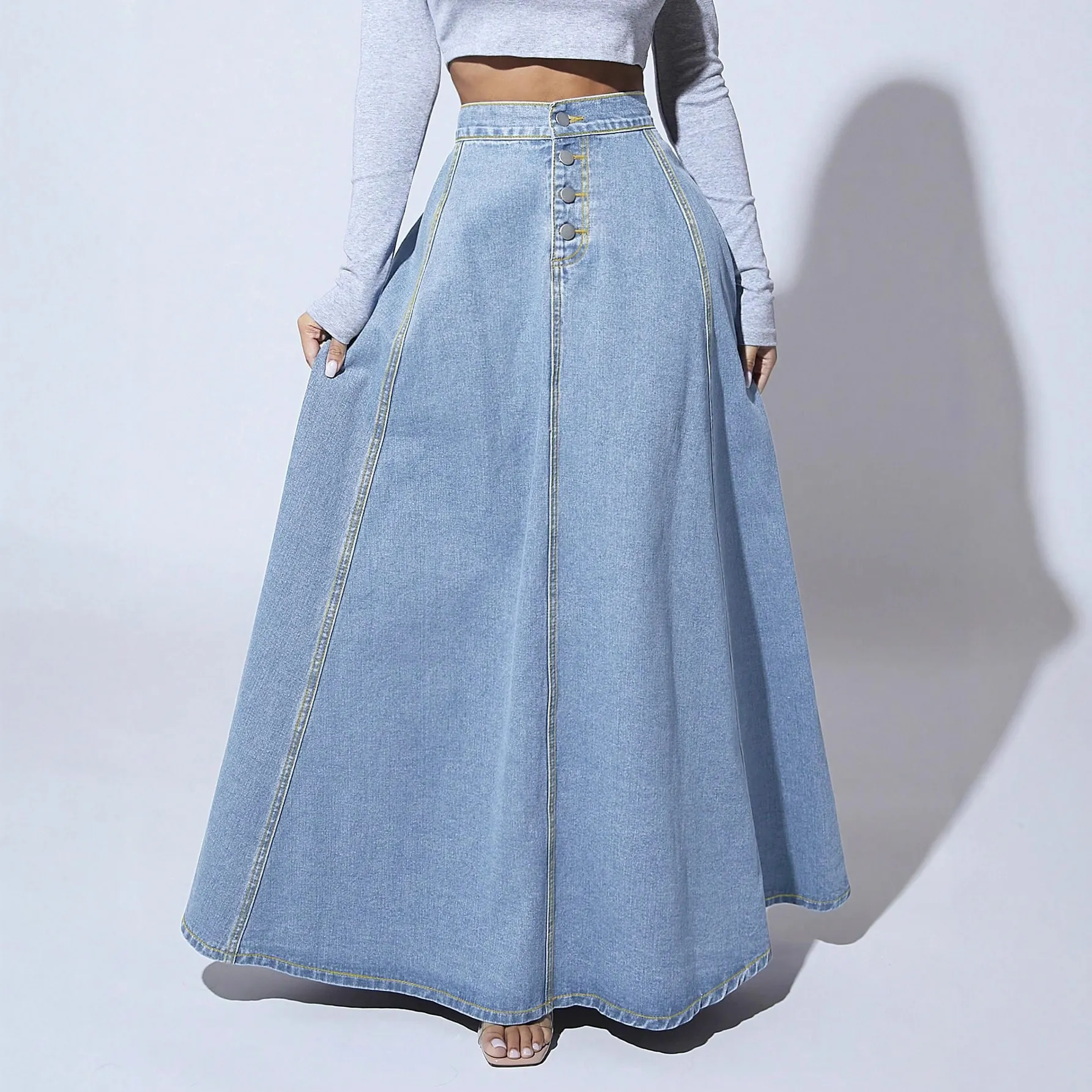 Women's High Waist Denim Maxi Skirt Single Breasted A-Line Washed Cotton Blend Skirt With Contrast Stitching Streetwear
