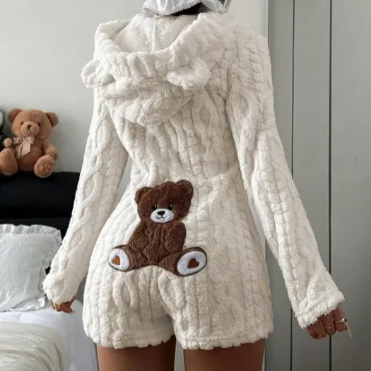 Women Plush Hooded Romper Long Sleeve Cable Knit Fleece Jumpsuit With Teddy Bear Patch Solid Color Loungewear For Home Casual