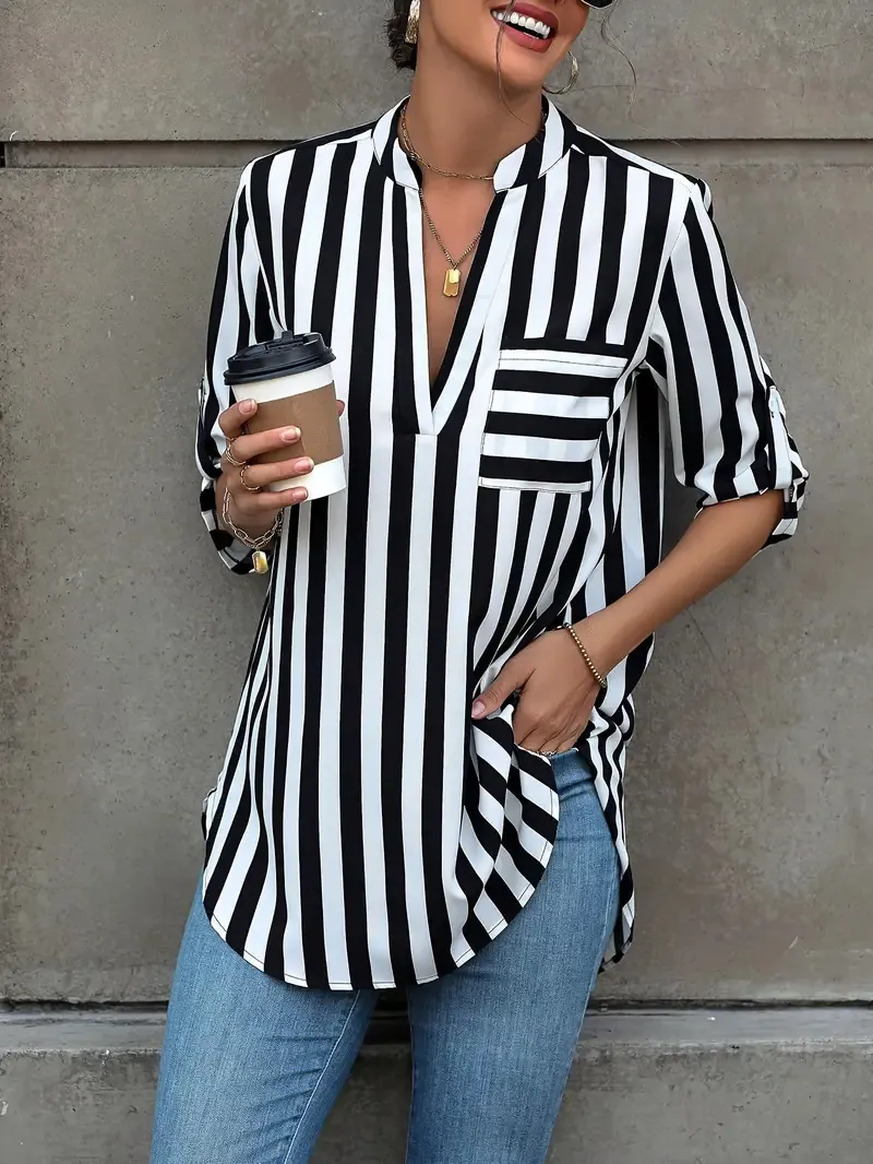 Damen Oberteil Im Französischen Stil Gestreift V-Ausschnitt Lockerer Unregelmäßiger Saum Langarm Bluse Freizeit Knopf Polyester Top