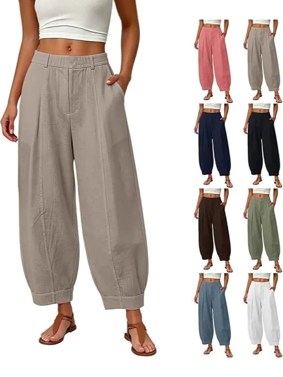 Women's Cotton Linen Harem Pants High Waist Loose Fit Cropped Tapered Trousers Casual Solid Color Slimming Bottoms