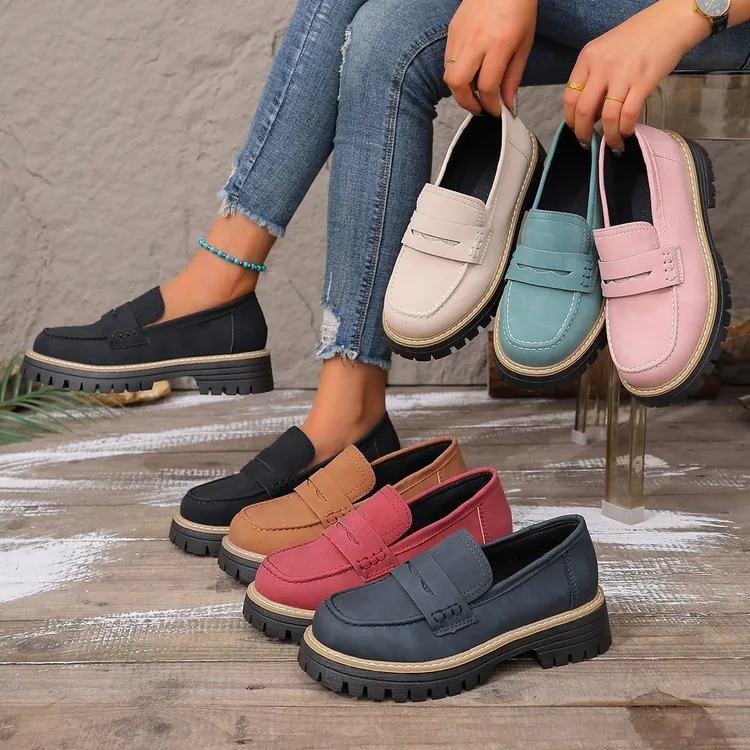 Women British Style Loafers PU Frosted Thick Lug Sole Casual Shoes Penny Loafers For Daily Office Wear Solid Color Shoes
