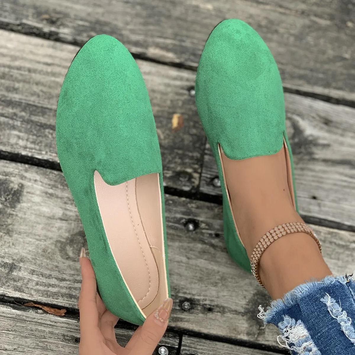 Mocassini da Donna Casual in Pelle Scamosciata Punta Arrotondata Scollatura Bassa Scarpe Basse Tinta Unita Moccasins Stile Coreano