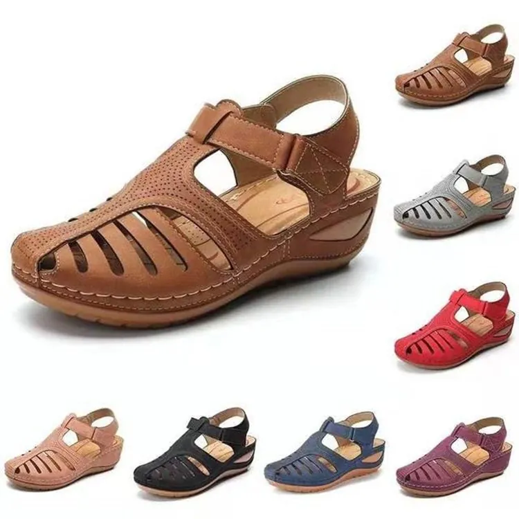 Women Retro Wedge Sandals Hollow Out Summer Casual Roman Shoes Hook And Loop PU Leather Non-Slip Beach Sandals For Women
