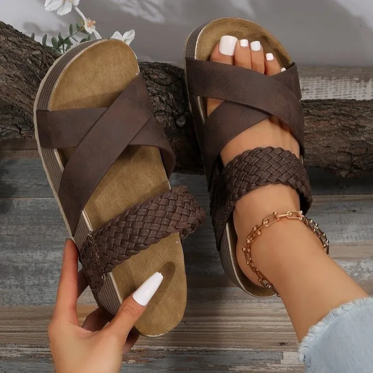 Sandali Slide da Donna con Zeppa Estiva Cinturini Incrociati in Pelle PU Intrecciata Stile Romano Pantofole Casual a Suola Spessa Scarpe da Spiaggia Vacanza