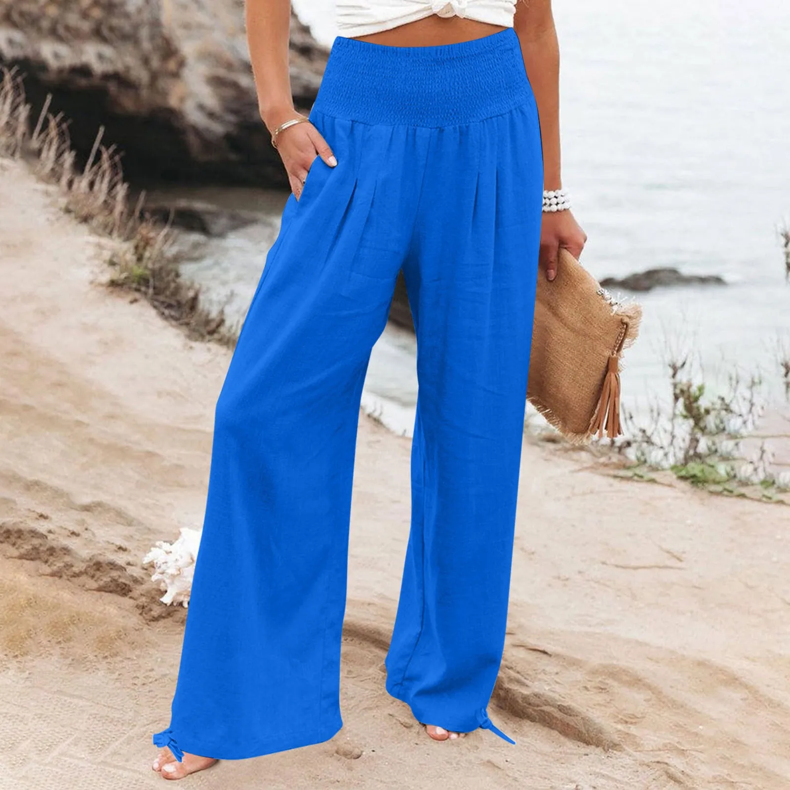 Pantaloni Donna Vita Alta Arricciata Gamba Larga Misto Cotone Lino Fondo Con Coulisse Pantaloni Dritti Casual Con Tasche Estate Mare