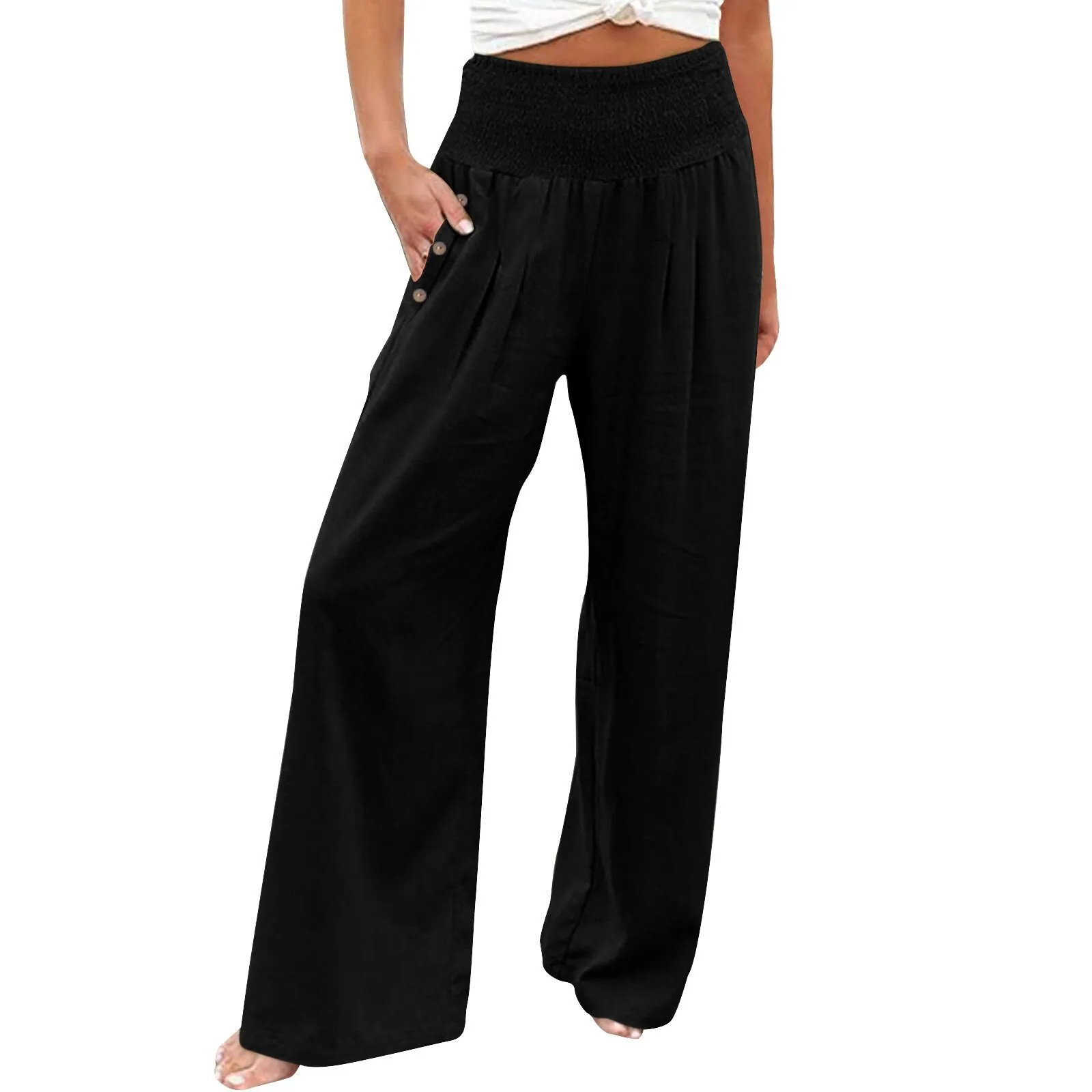 Women Cotton Linen Blend Wide Leg Pants High Smocked Elastic Waist Casual Loose Trousers Solid Color Beach Summer Bottoms