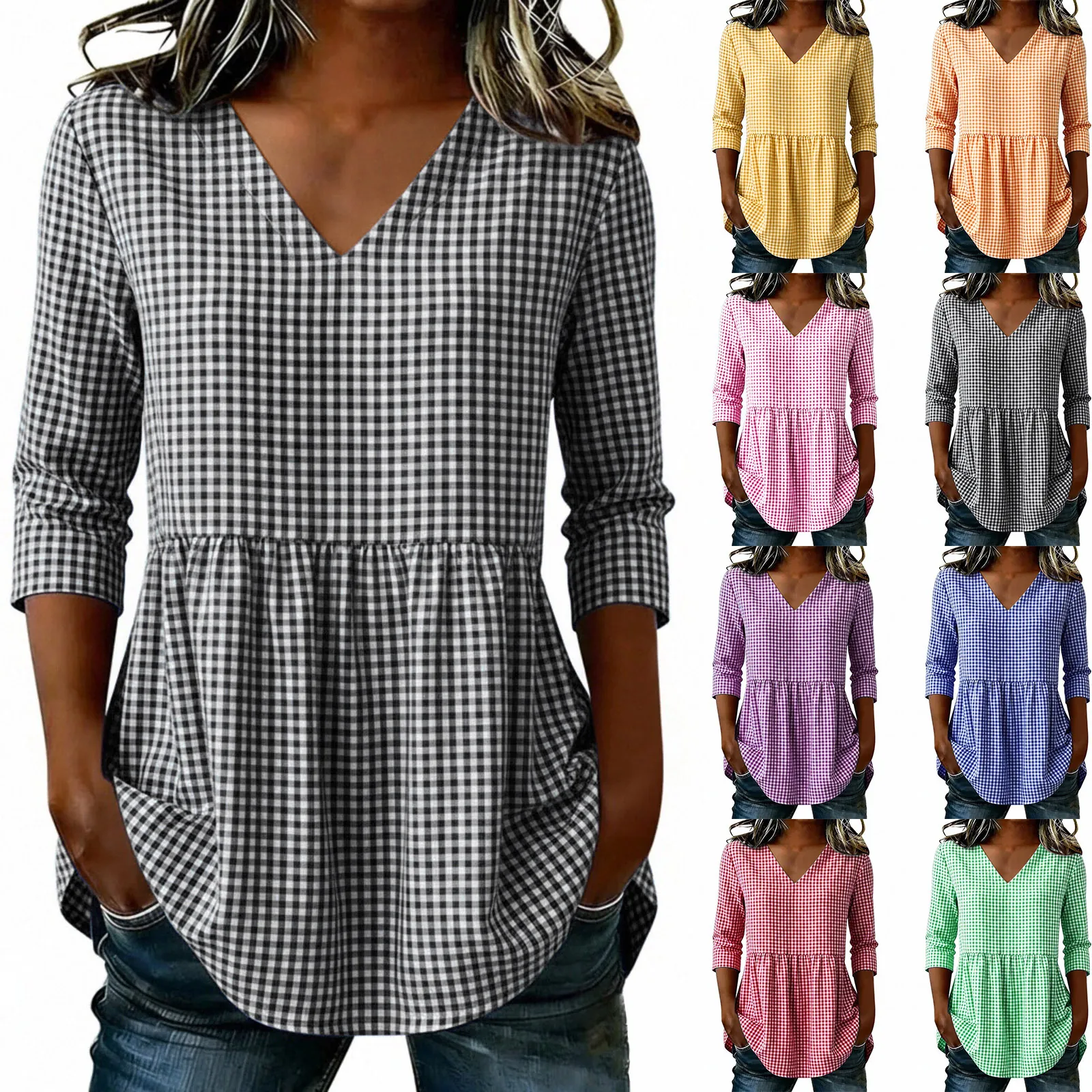 Women Cotton Linen Gingham V Neck Peplum Top Summer Casual 3/4 Sleeve Waist Cinching Ruffle Hem Blouse Plaid Shirt Top