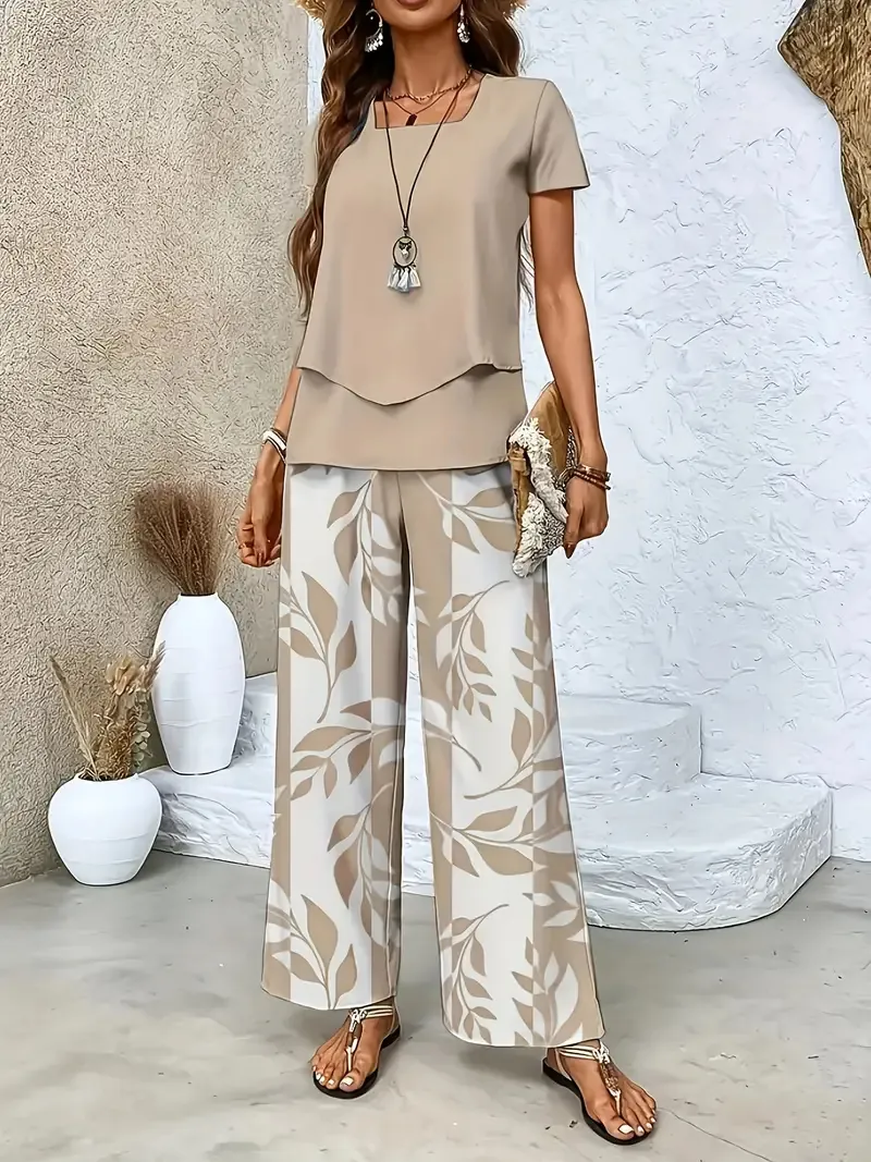 Women Casual Leaf Print Polyester Top And Bottom Set Round Neck Short Sleeve Top And Wide Leg Pants Holiday Summer Outfit