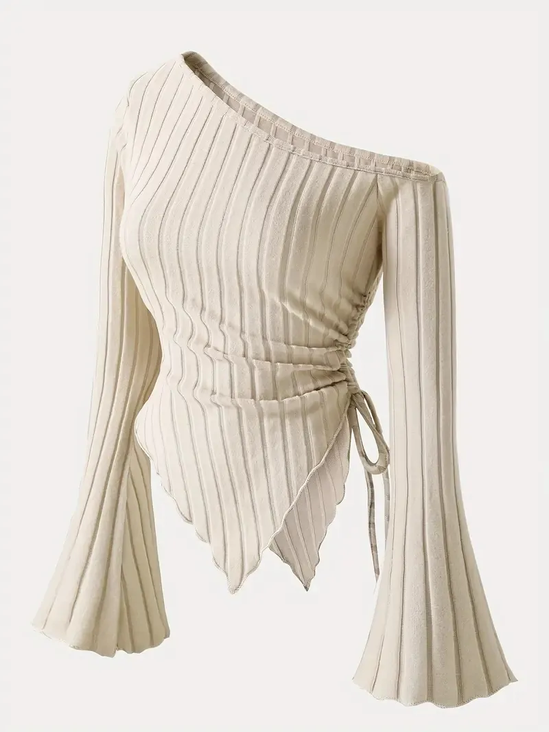 Women Elegant Asymmetrical Hem Bell Sleeve One Shoulder Ribbed Knit Top Ruched Drawstring Sexy Slim Fit Polyester Long Sleeve T-Shirt