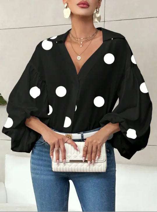 Women's Casual Polka Dot V Neck Puff Sleeve Blouse Loose Lantern Sleeve Printed Blouse Top For Office Daily Wear