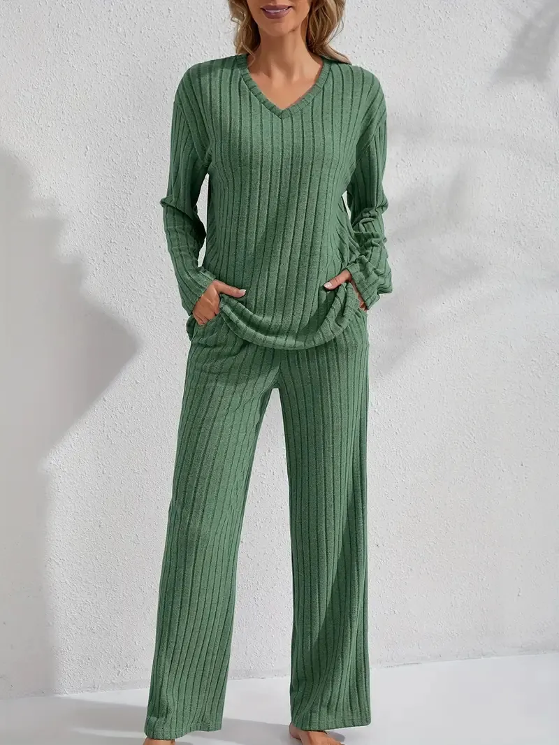 Γυναικείο Casual Ριγέ Σετ Loungewear με Μακρύ Μανίκι Πάνω και Κάτω Μονόχρωμο V-Λαιμόκοψη Φθινόπωρο Χειμώνας Μαλακό Πολυεστέρα