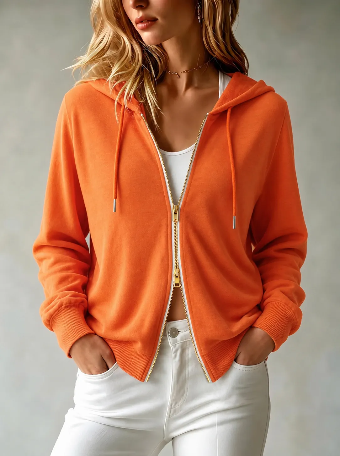 Donna Francese Felpa con Cappuccio e Zip Cardigan in Maglia Tinta Unita Larga Sottile Maglione Autunno Casual Top in Poliestere