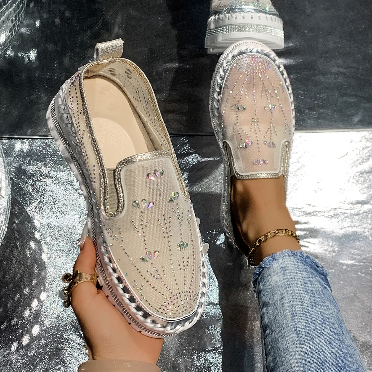 Women Rhinestone Platform Loafers Fashion Slip On Casual Shoes Sparkly Mesh Breathable Thick Sole Rivet Sneakers Walking Shoes