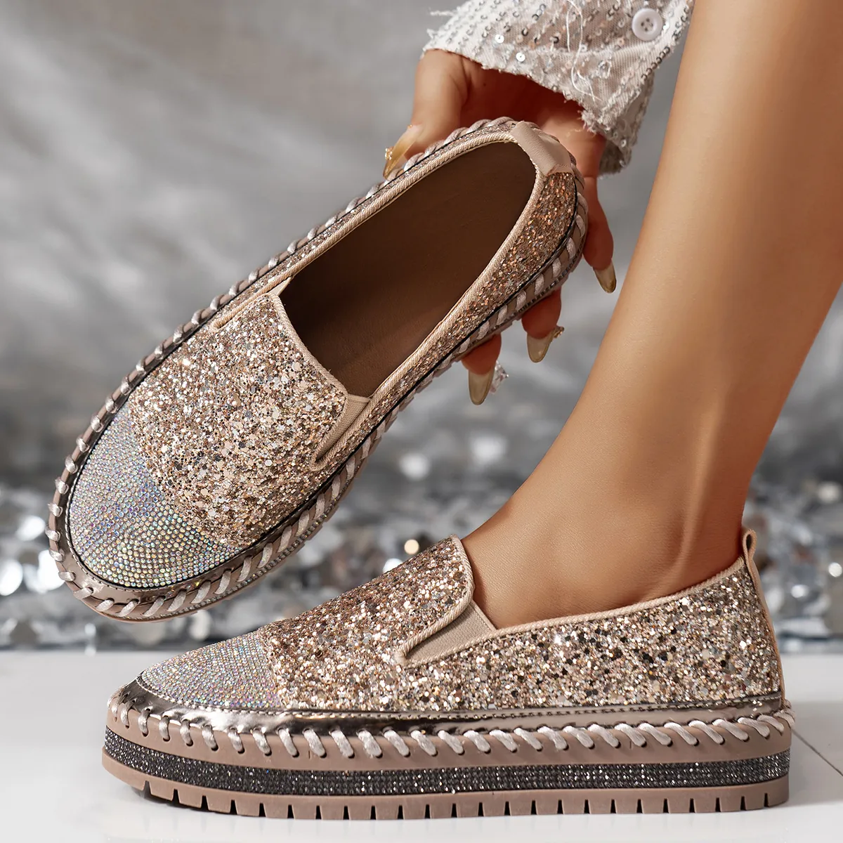 Mocassini da Donna con Plateau Strass e Paillettes Casual Slip On Stile Coreano Scarpe da Passeggio a Suola Spessa Lucidi Eleganti