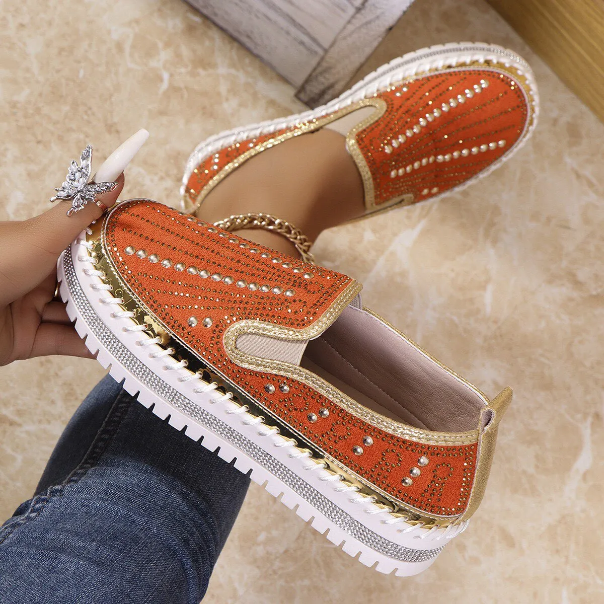 Mocassini Platform con Strass da Donna Camoscio Traspirante Scarpe Basse Casual Moda Senza Lacci Stile Coreano 2025 Estate