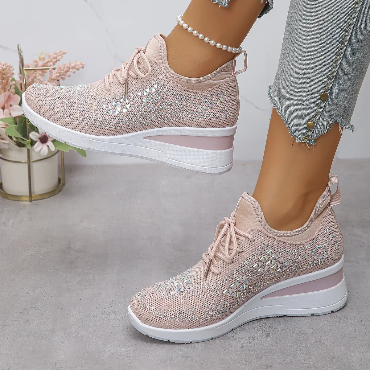 Damen Mesh Strass Sneaker Keilabsatz Plateau Wanderschuhe Schnürung Atmungsaktiv Höhenvergrößerung Freizeit Sport Mode Schuhe